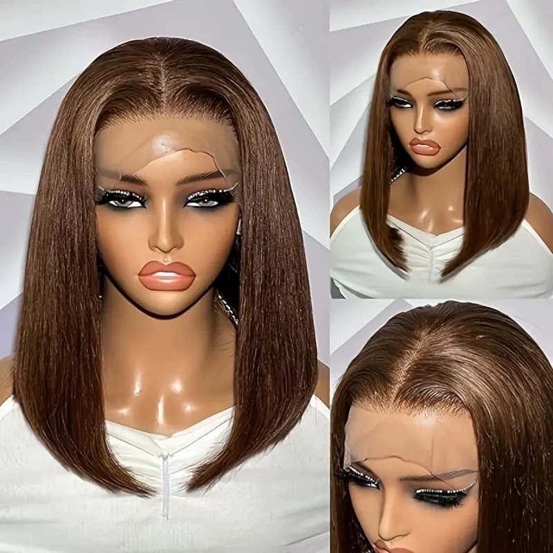 Parrucca sintetica premium corta con riga centrale dall'aspetto naturale, morbida parrucca castana per l'eleganza quotidiana e la versatilità nello styling_voghion.com