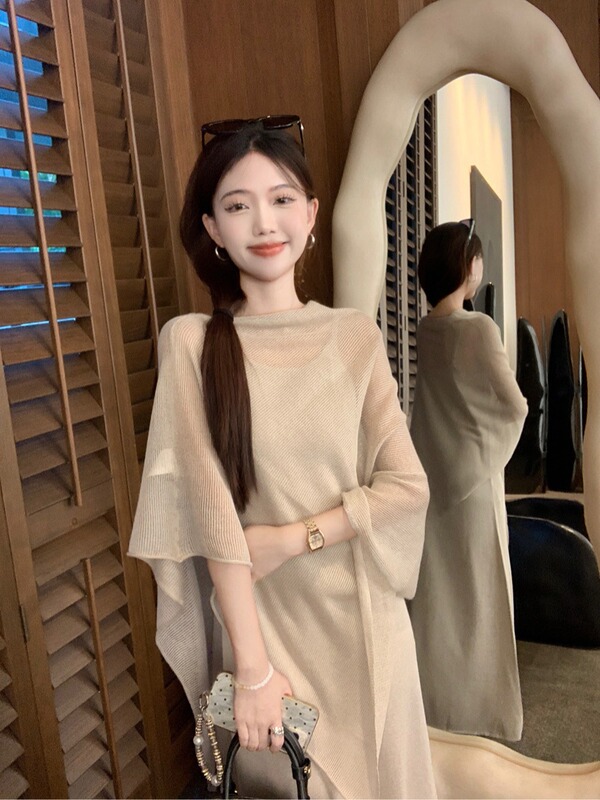 松弛感慵懒气质休闲套装女夏不规则防晒罩衫披肩吊带连衣裙两件套|undefined