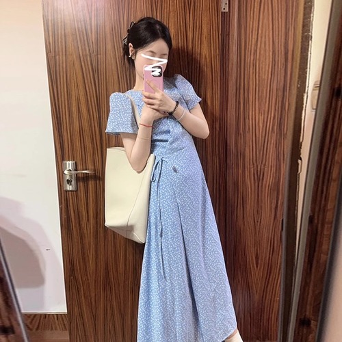 Blue floral print children's summer new high-end temperament waist-cinching very pretty V-neck long dress