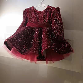 秋冬长袖金丝绒亮片儿童礼服演出服新年元旦公主裙蓬裙主持走秀