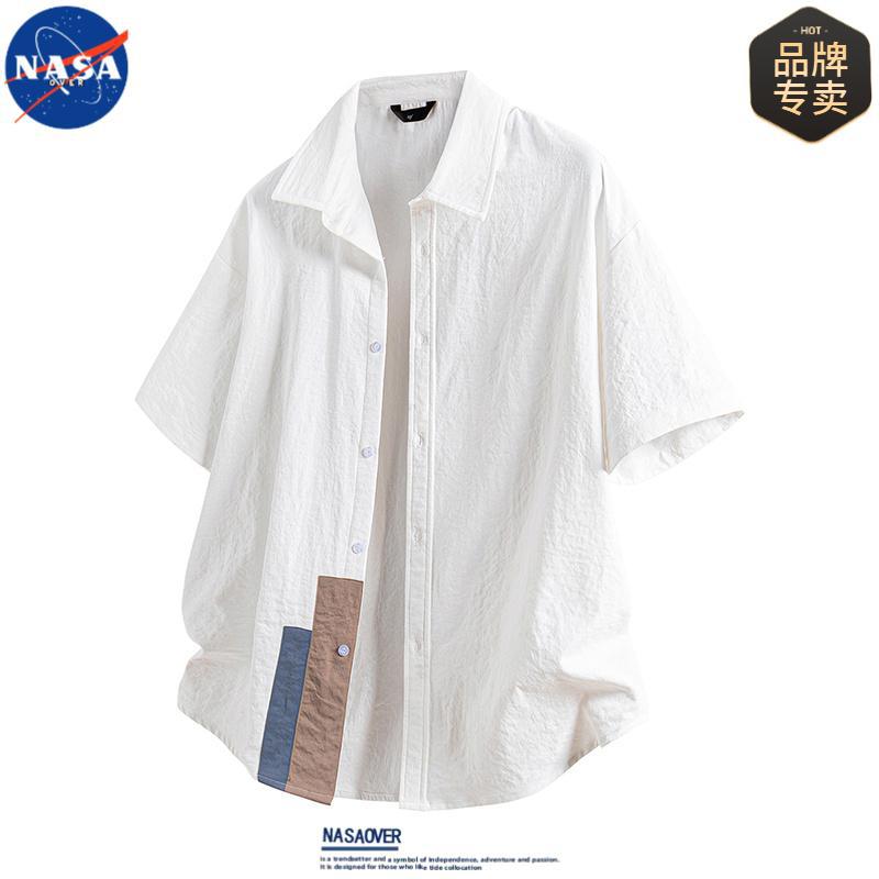 NASA 미국식 트렌디 한 브랜드 패치 워크 디자인 센스 반팔 셔츠 소년 여름 학생 반소매 셔츠 얇은 탑