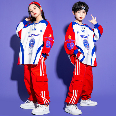Red with blue hiphop Street jazz Dance costumes for girls Boys Hip Hop gogo dancers rapper singers cargo pants mode show Trendy dance uniforms Sports Games Clothing 