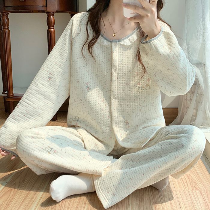 空气棉夹层睡衣女秋冬季加厚花边长袖套装甜美水墨画家居服可外穿|undefined