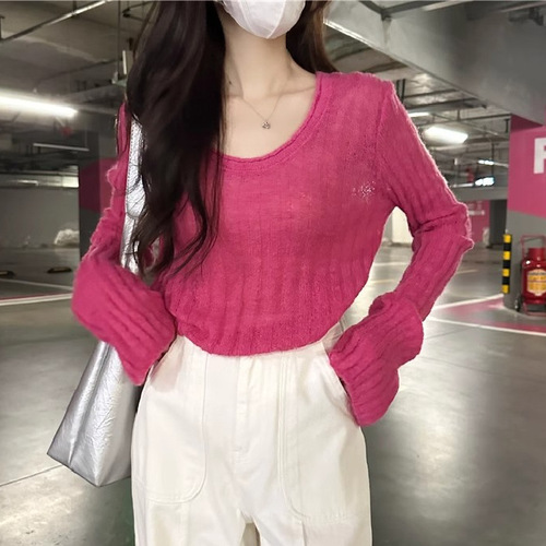 Autumn new style, sweet and spicy Korean, figure-fitting, slimming, long-sleeved sweater, lazy style, short base top for women