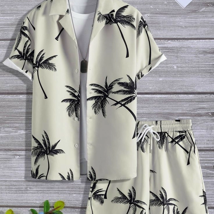 Трансграничная мода повседневный кубинский воротник гавайская рубашка с короткими рукавами и короткими рукавами повседневный набор для мужчин с принтом из двух частей