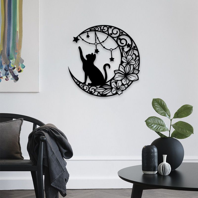 Amazon new iron black cat and Moon Wall metal silhouette wall hanging living room sofa cat wall ornaments