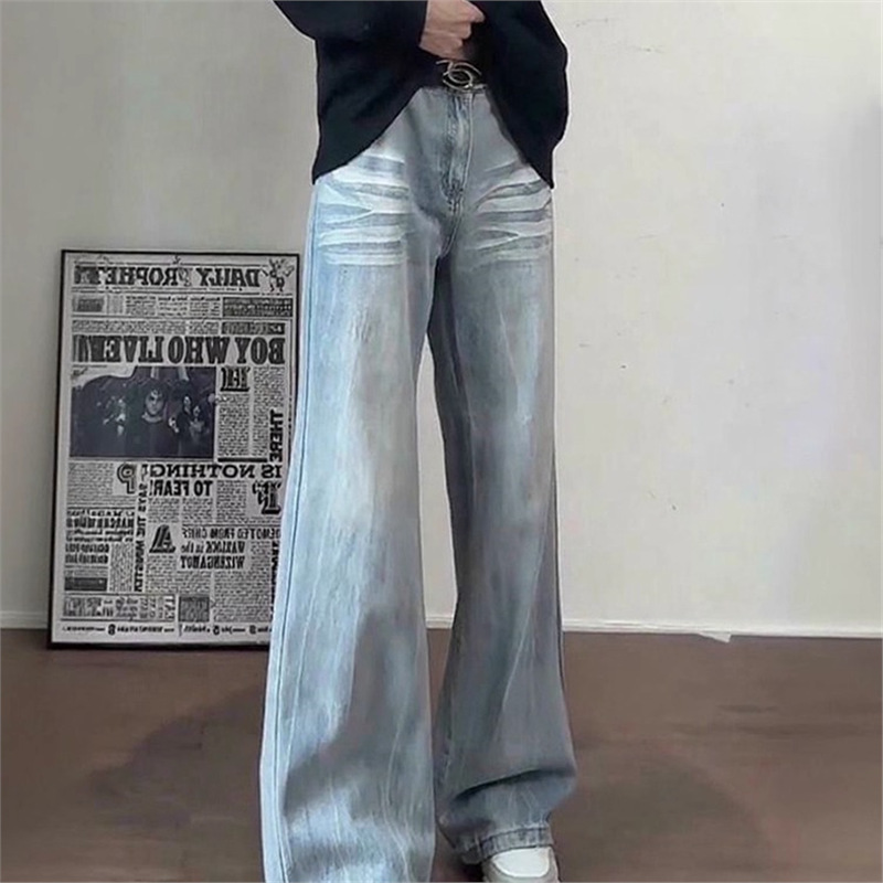 Light Blue Lightning Bamboo Pattern Bootcut Jeans Men's Autum American High Street Vibe Pants Slim Scimitar Pants