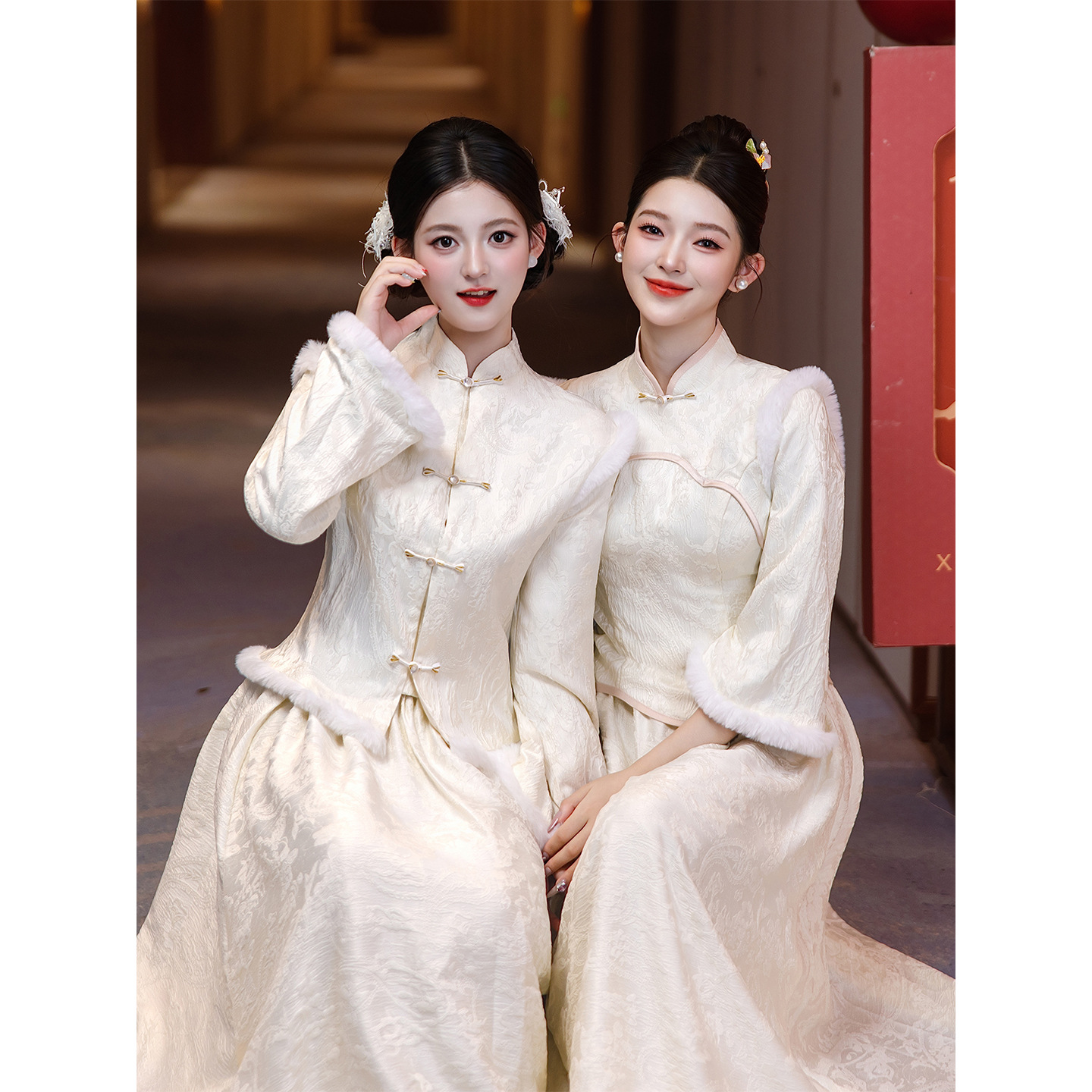 Champagne-Colored Bridesmaid Dresses, Chinese-Style Annual Meeting-Inspired Wedding Sister Group Dresses, National Style Qipao Two-Piece Set, Winter Thickened Version