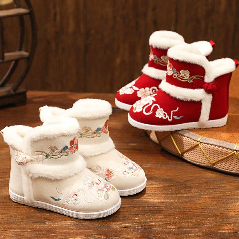 Обувь ханьфу для девочек, новая зимняя новогодняя обувь на флисовой подкладке, старинная одежда в китайском стиле, теплые утолщенные детские ботинки с вышивкой