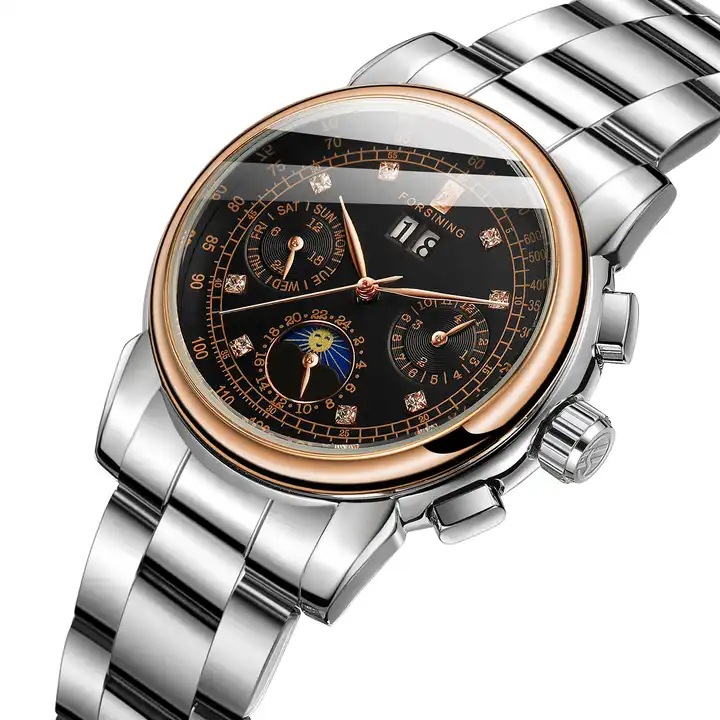 Forsining mujer moda casual movimiento mecánico multifuncional reloj mecánico automático correa de acero Sun Moon Star