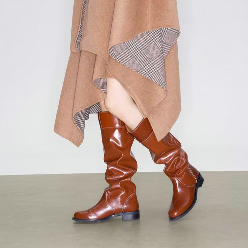 European and American Foreign Trade Round-Toe Mid-Thick Heel Knee-High Boots Slimming Wide-Leg Pleated Slouch Boots Casual Spring and Autumn Slimming High Boots European and American Foreign Trade Round-Toe Mid-Thick Heel Knee-High Boots Slimming Wide-Leg Pleated Slouch Boots Casual Spring and Autumn Slimming High Boots