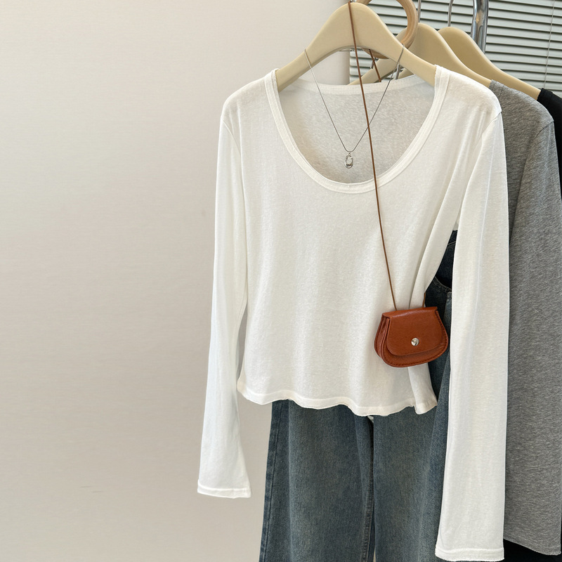 Autumn U-Neck Basic Long-Sleeve T-Shirt for Women, Slim Fit, Petite, with Raw Edge Design