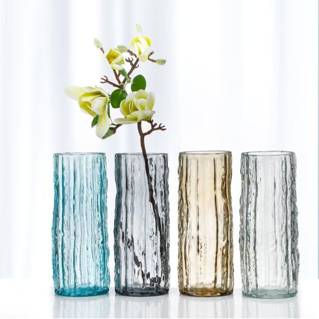 欧式冰川树皮玻璃大花瓶玻璃透明插花玫瑰鲜花客厅餐桌的摆件