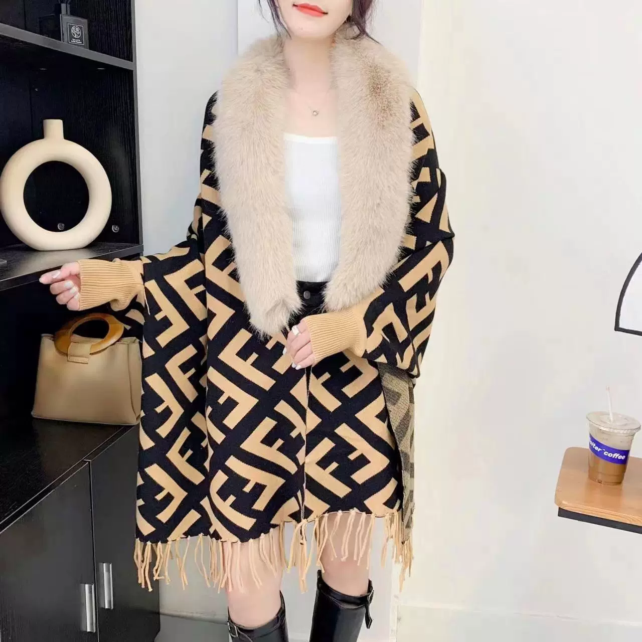 秋冬女装外贸新款宽松披肩斗篷两穿外搭长款外套洋气针织衫毛衣女