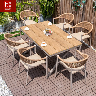 Outdoor plastic wood dining chair courtyard villa leisure coffee table balcony Net red waterproof rattan chair garden outdoor table and chair combination