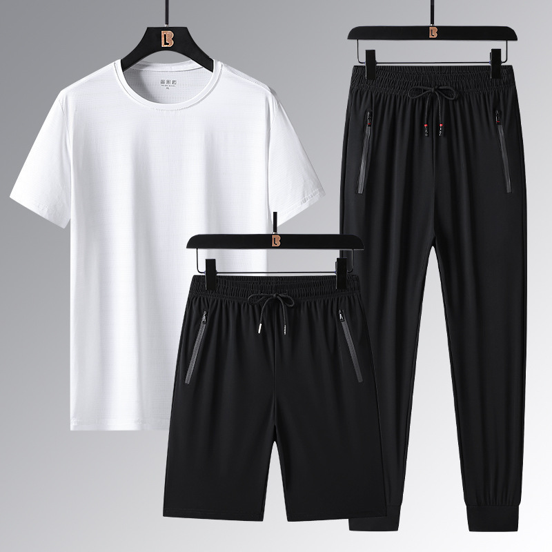 Hombre de verano helado rápido secado conjunto de tres piezas fresco y cómodo sudor transpirable juego de deportes casuales imprimible LOGO