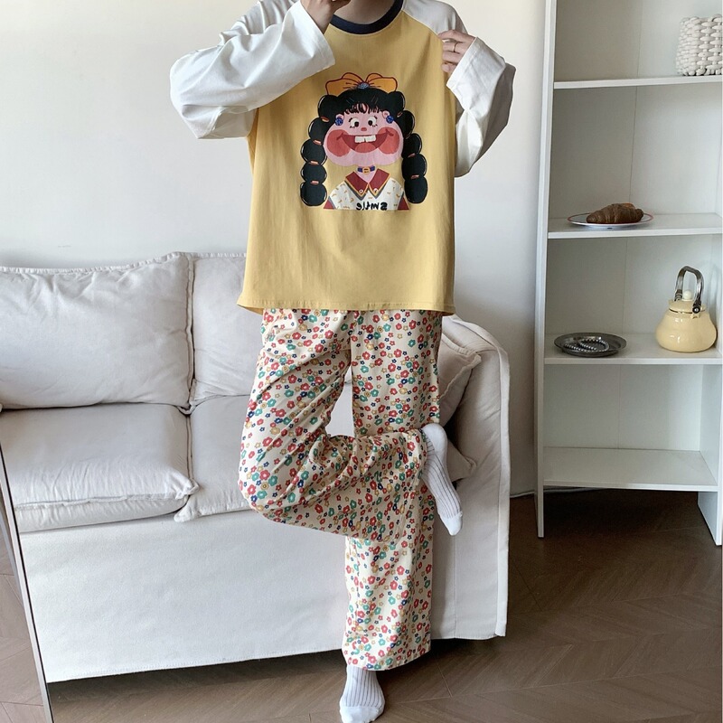 Spring and Autumn New Colorblock Raglan Sleeve Cartoon Braid Girl Big Tooth Girl Cotton Breathable Outfit suit Home Clothes