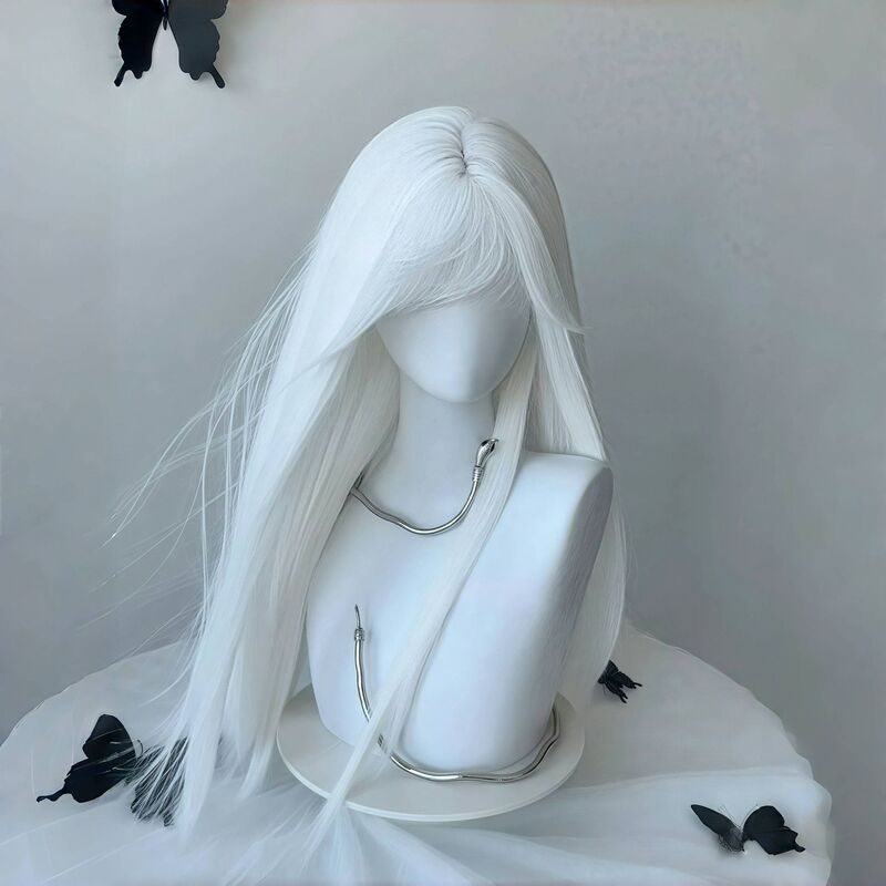 Wig Women's Pure White Bangs Long Straight Hair Lolita Fashionable Natural Gothic Style Full Top Wig Cover