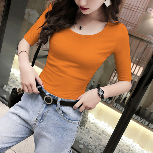 Women's 7/8 Sleeve Summer T-Shirt 2024 New Slim Fit Plus Size White Crew Neck Half-Sleeve Top