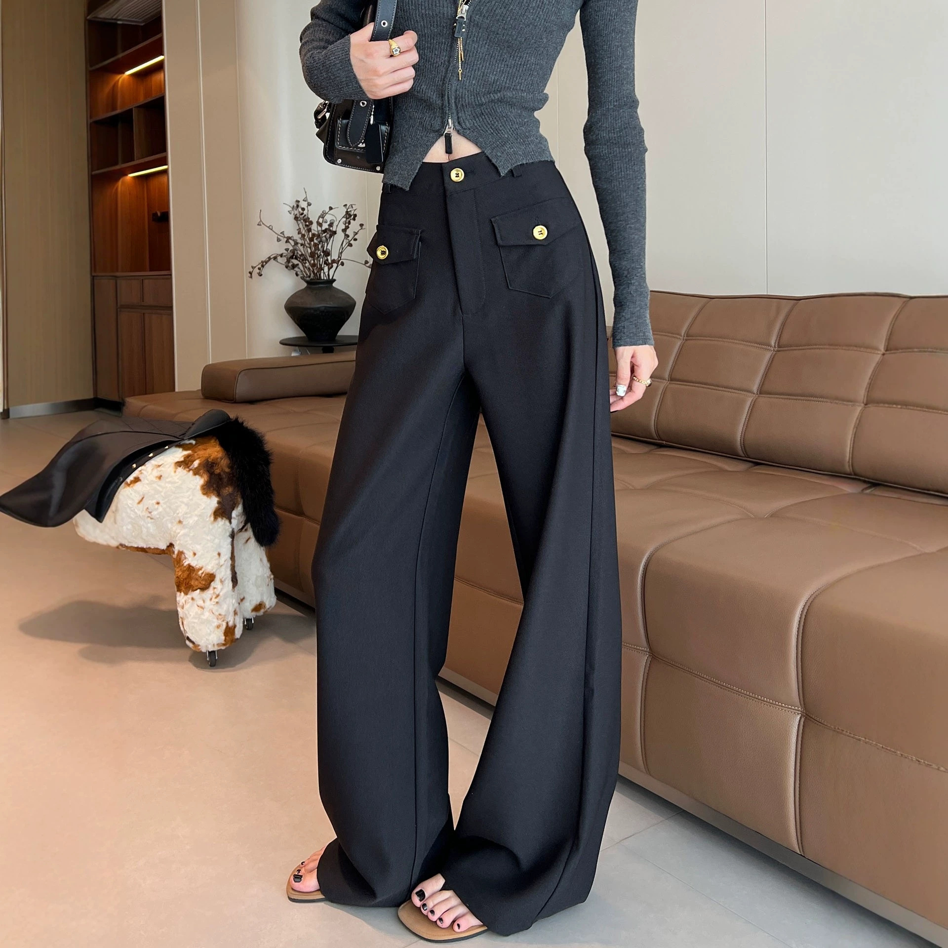 Black wide-leg pants for women, new spring and autumn slim-fit suit pants with a high-end feel, drapey, slimming, straight-leg, casual, floor-length trousers