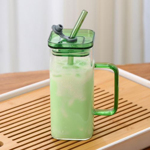 High borosilicate glass water cup, high temperature resistant household straw, juice milk cup, square glass with handle