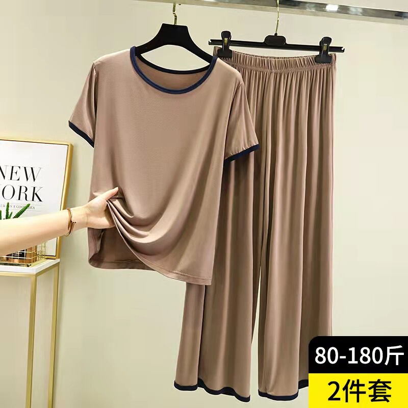 Modal Casual Short-Sleeved Suit for Women Summer Ice Silk Wide-Leg Pants Loose Bottoming Top Home Pajamas Two-Piece Set