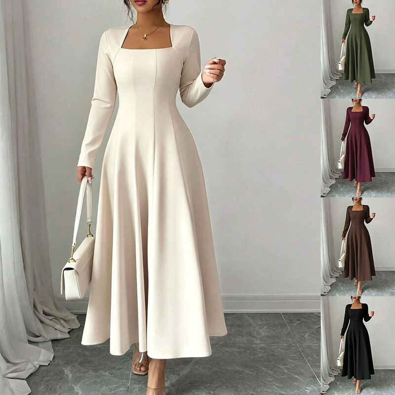 2026 Autumn Cross-Border Women's Fashion New Styles for Amazon Independent Store: Long-Sleeved Square Neck Elegant Long Dress