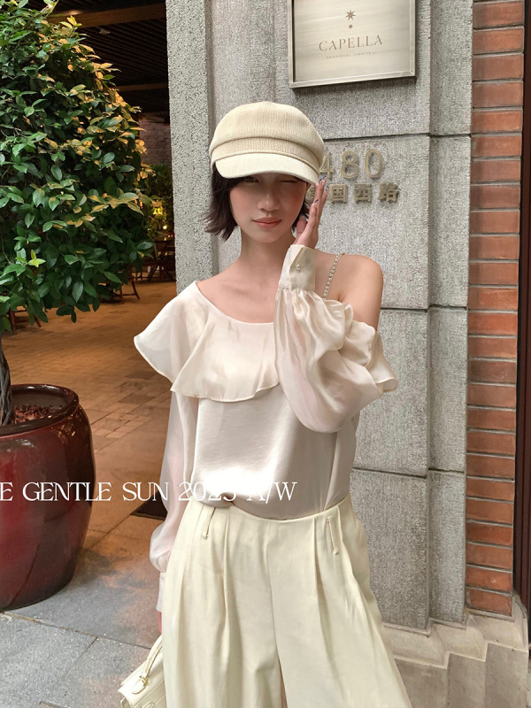 Xiuxixi 2025 秋ホワイトラベルサテン気質ボトム長袖フリルシャツトップス女性用 89529|undefined