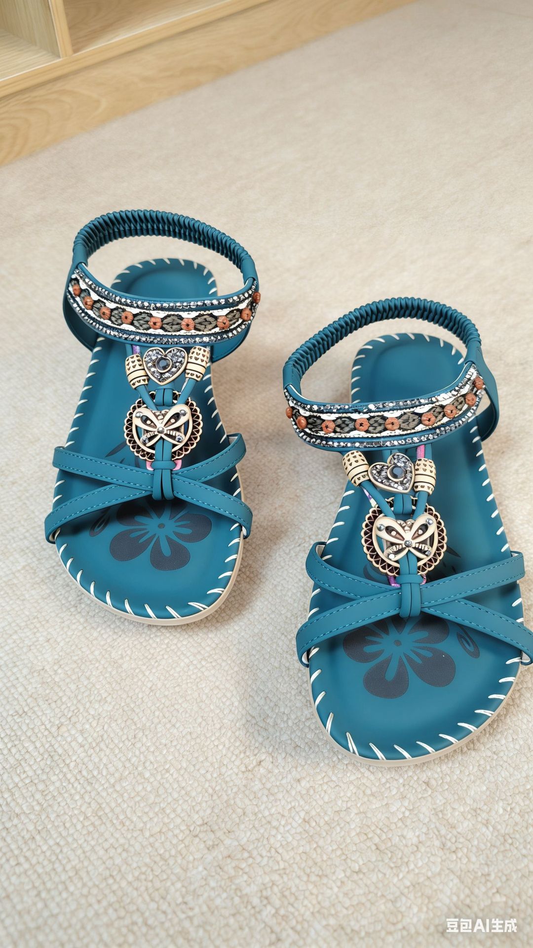 Sandalias bohemias de primavera 2026, nuevas, transfronterizas, de talla grande, con flores planas y diamantes de imitación, sandalias de playa abiertas para exteriores