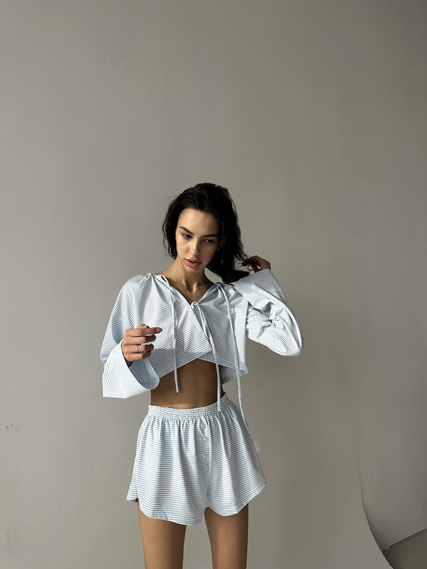 ChicShe 2025 European American Striped Knitted Cotton Pajamas Women, New Autumn And Winter Long Sleeve Shorts, Cross-Border_voghion.com