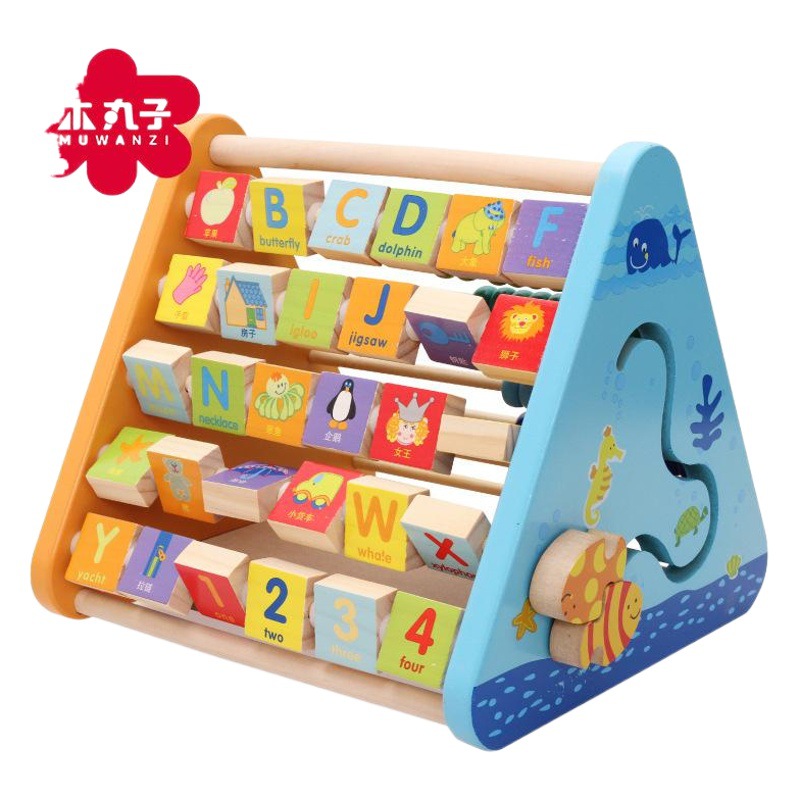 Bolas de madera juguetes para niños de madera multifuncionales Flip juguetes educativos Cuatro en Uno de cinco lados de aprendizaje rack de computación