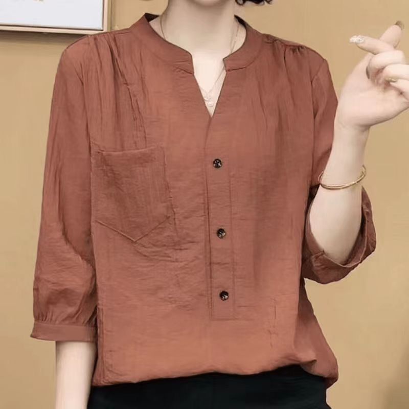 Summer Thin Loose Plus-Size Fashion Design Elegant Slimming Solid Color Mid-Sleeve Shirt for Moms Age-Reducing Top Blouse