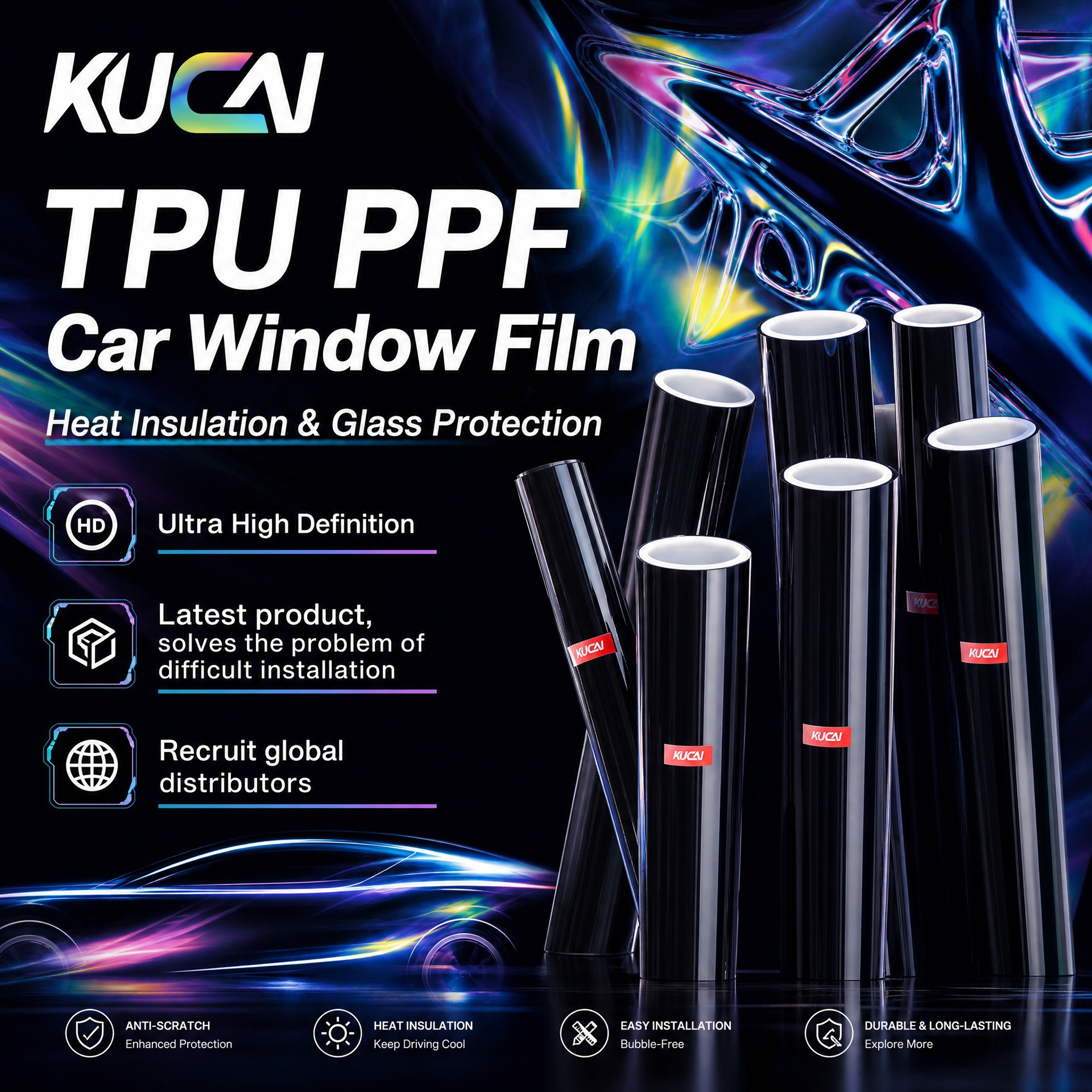 TPU front windshield film is safe, explosion-proof, highly transparent, heat-insulating, UV-resistant, and anti-glare. Manufacturer of car window film