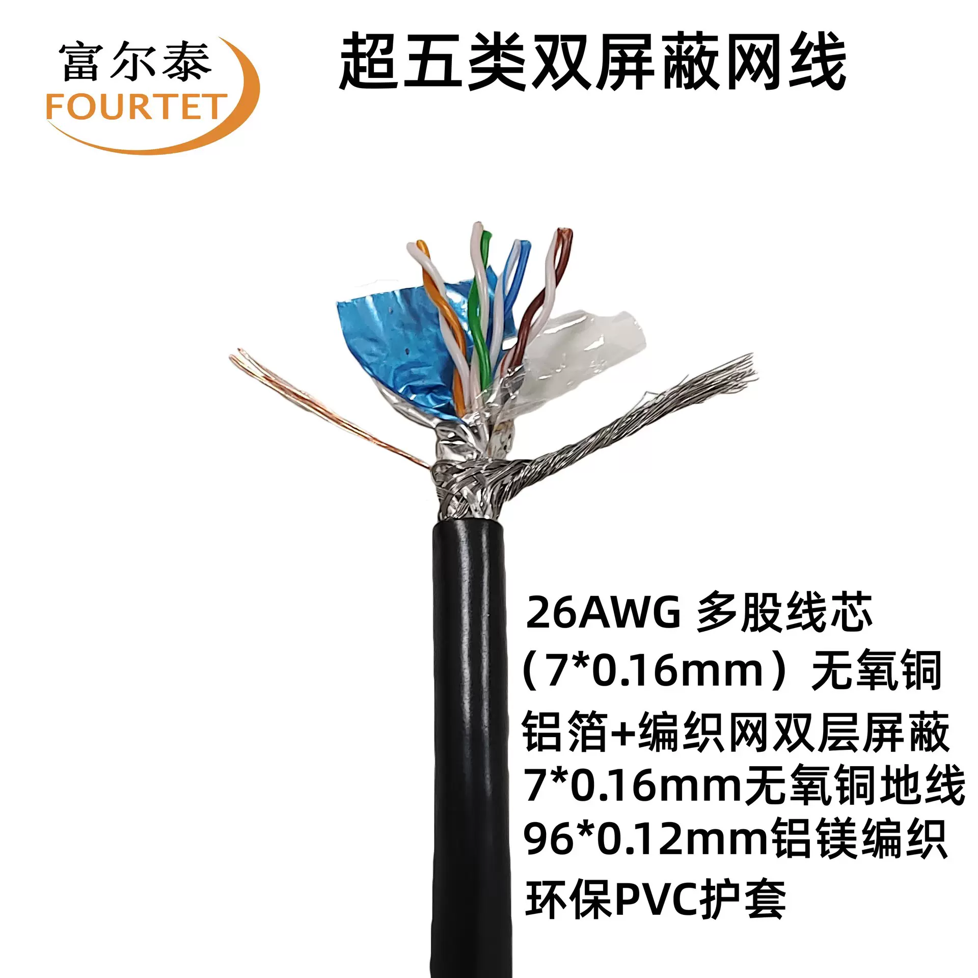 厂家供应 CAT5E SFTP 26AWG 超五类7*0.16mm无氧铜双屏蔽网线