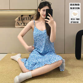 2026夏季新款女吊带睡裙四面弹仿棉透气甜美风带固定胸垫款
