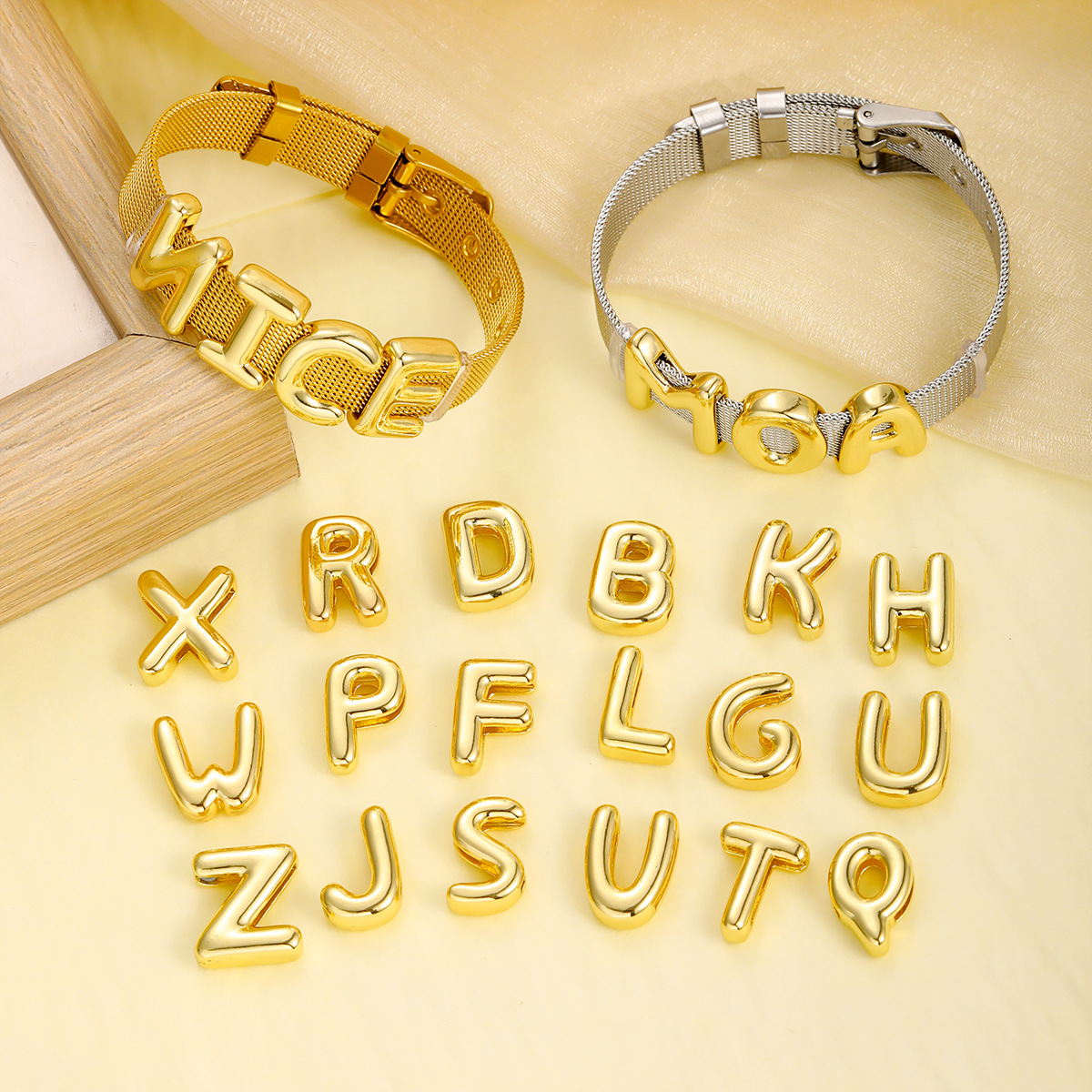 As Jewelry Cross-Border Temu Hot-Selling 26 English Letters DIY Bracelet 10mm Strap Gold-Plated Letters Wholesale
