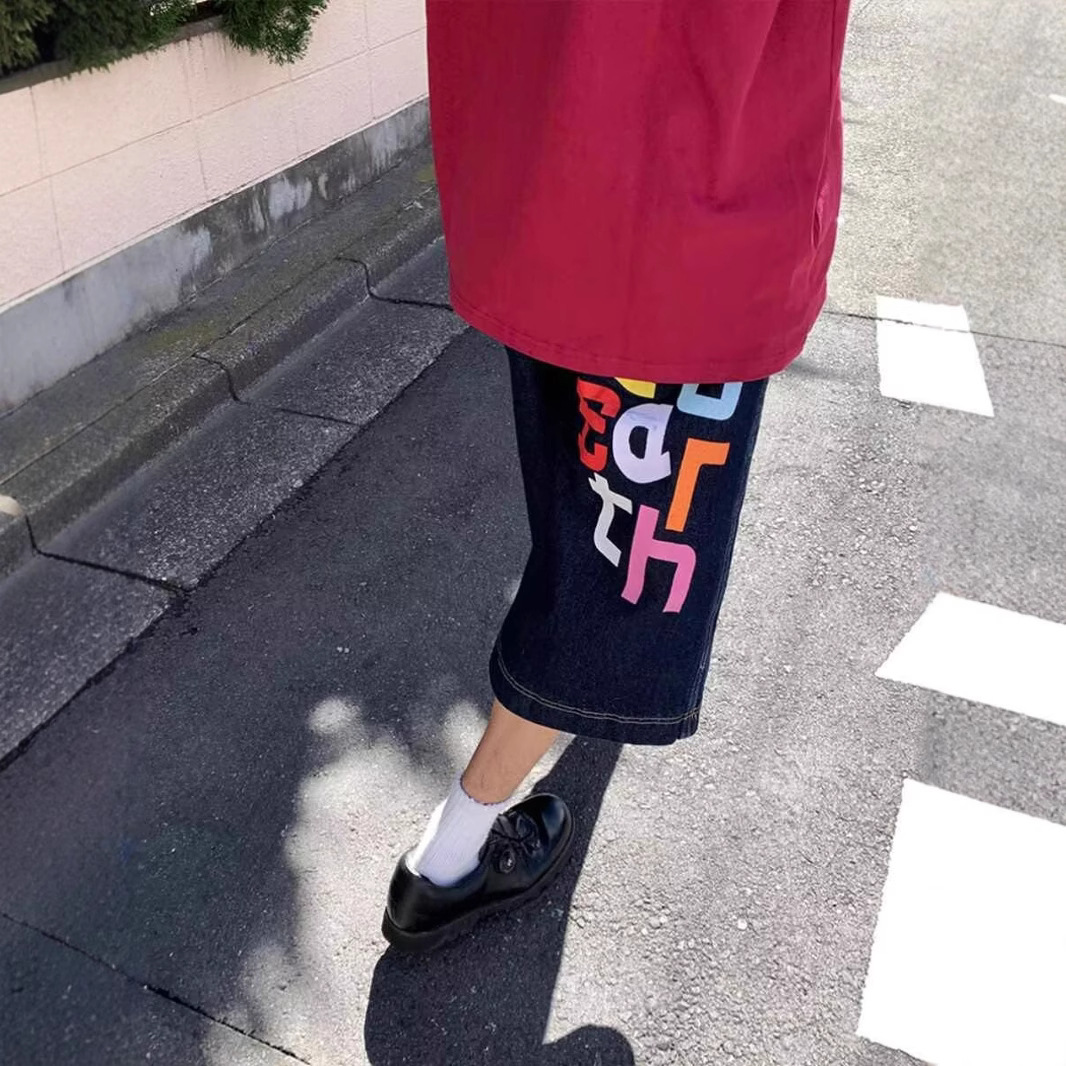 Simple Trendy Japanese Street Style Colorful Letter Print Denim Cropped Pants for Men Summer New Brandless Style