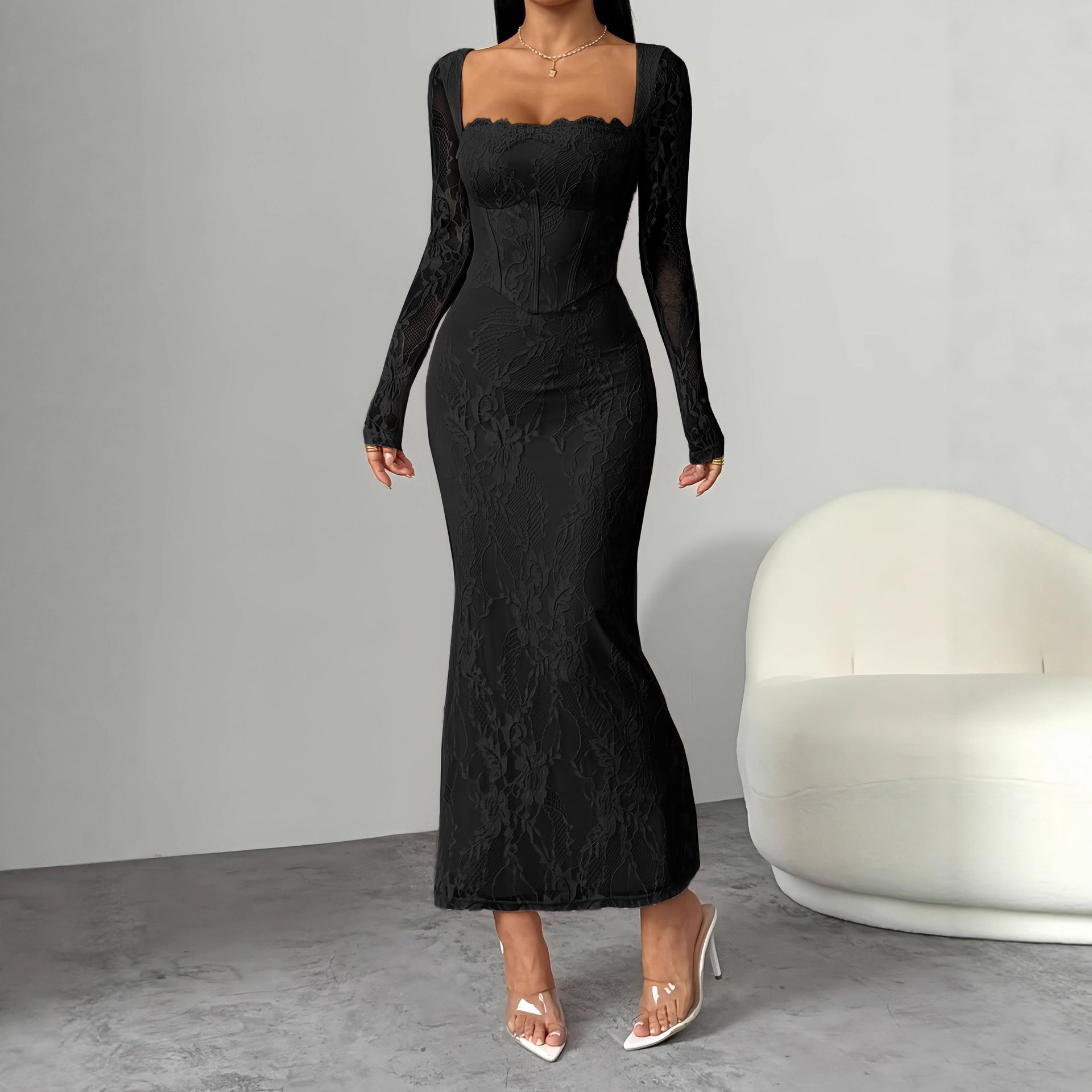 希音亚马逊女式蕾丝浪漫优雅方领蕾丝花边拼接领口长袖修身长款连