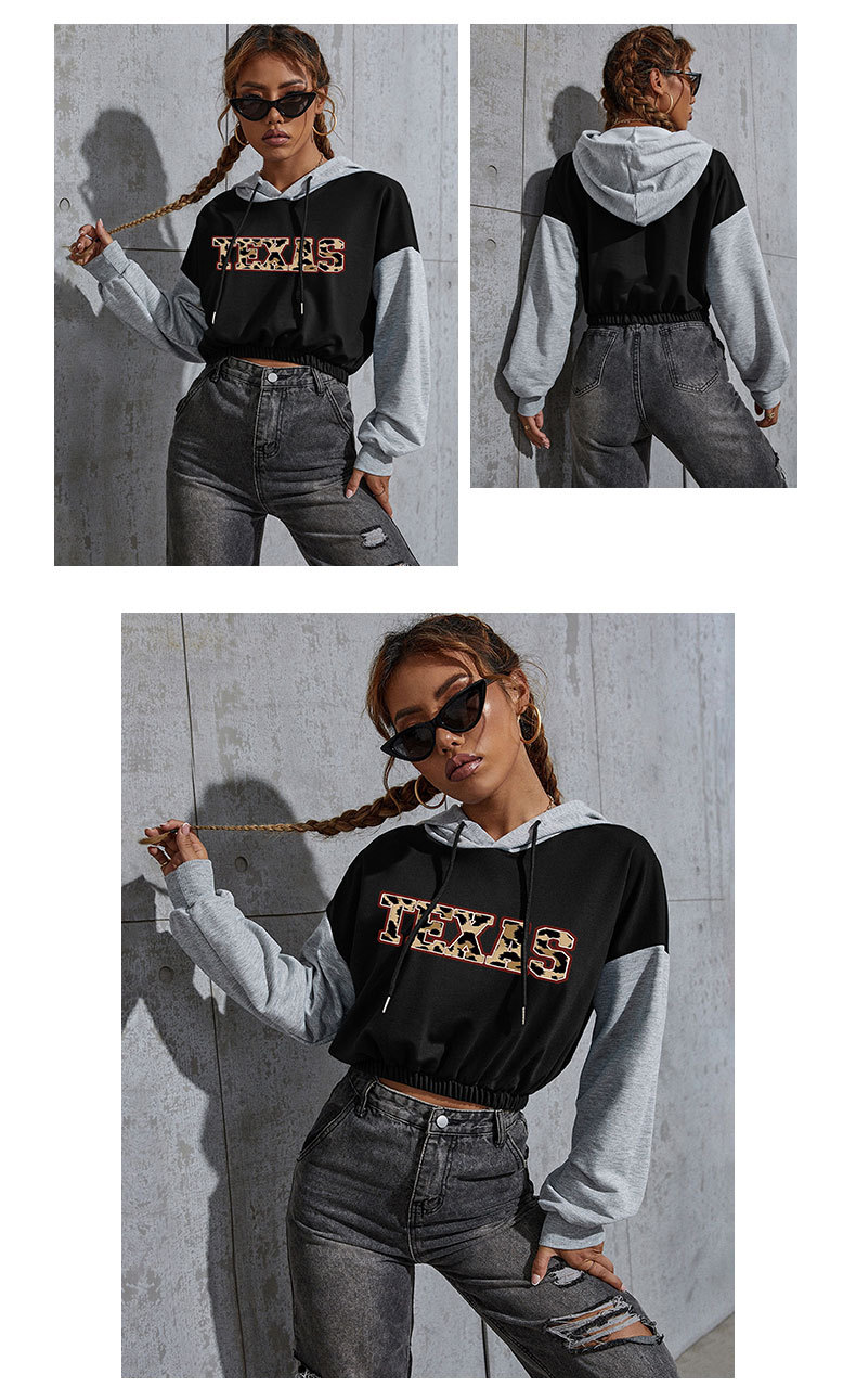 Felpa con cappuccio corta stampata autunno 2024, casual, corta, patchwork, per donna_voghion.com