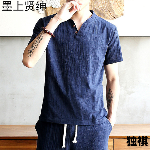 Summer Linen Short-Sleeve Ice Silk T-Shirt for Men, Solid Color, V-Neck, Chinese Style Top, Cotton-Linen Hanfu Inspired Casual Half-Sleeve T-Shirt