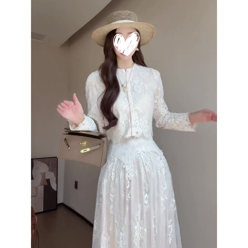 法式气质小香风圆领蕾丝镂空长袖盘扣上衣花边半身裙女长裙两件套|undefined