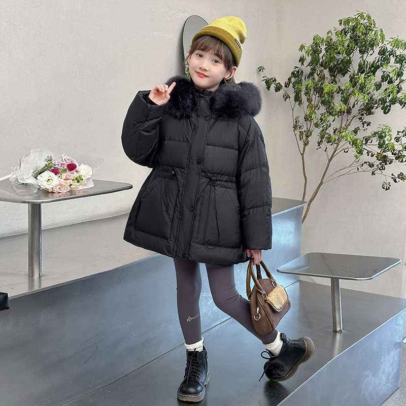 子供用冬用綿入りコート、厚くて暖かい、無地、大きなファー襟のダウンコート、女の子用、防寒冬服、トレンディ|undefined
