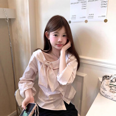 PPHOME粉色蝴蝶结系带条纹衬衫女秋季韩系甜美别致衬衣设计感上衣