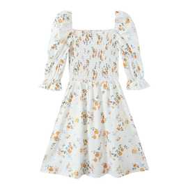 2024秋wish亚马逊eBay小碎花印花复古方领褶皱宫廷泡泡袖连衣裙