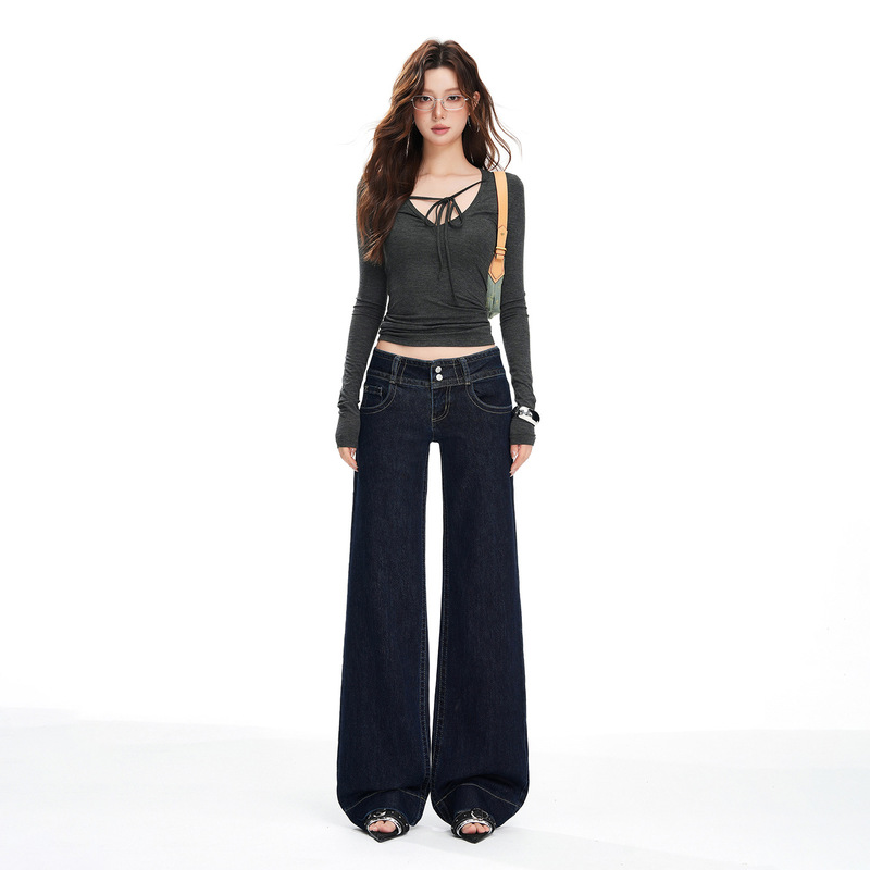 25 Autumn and Winter New Style American Low-Waist Slimming Look Micro-Elastic Denim Washed Denim Blue Micro-Style Straight Jeans