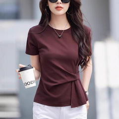 韓国風Tシャツレディース夏新作半袖Tシャツレディーススタイル不規則プリーツスリムフィット万能ラウンドネック半袖トップス