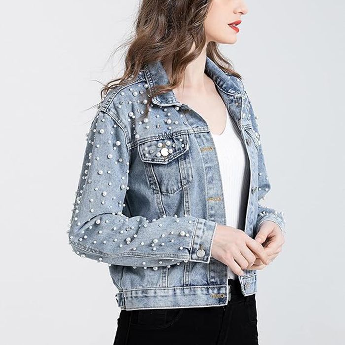 Cross-border Amazon ebay European and American Women's Pearl Denim Jacket Short Rhinestone Denim Jacket Coat Top Cross-border Amazon ebay European and American Women's Pearl Denim Jacket Short Rhinestone Denim Jacket Coat Top