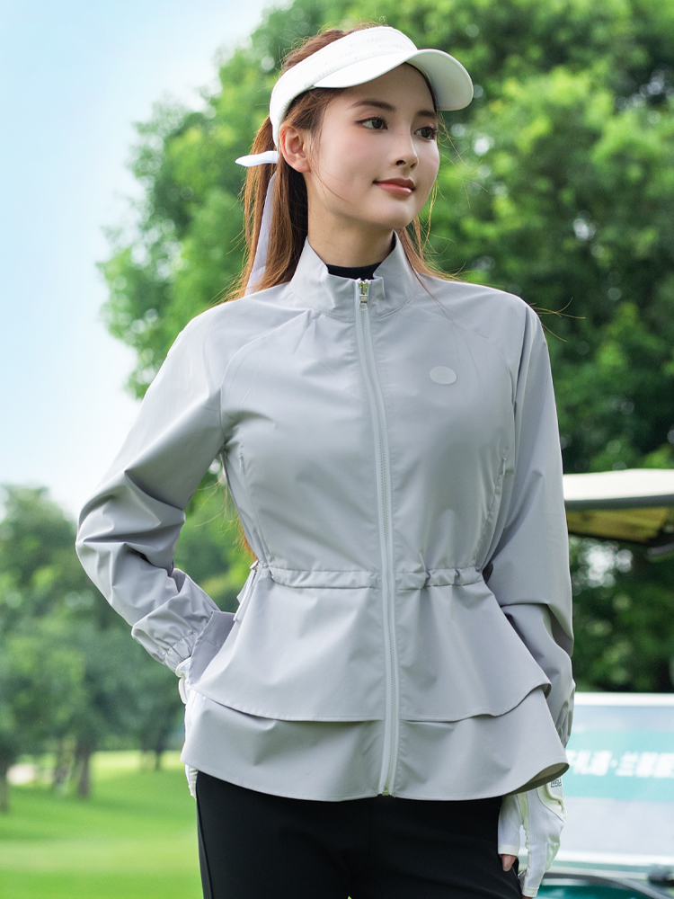 Áo khoác golf nữ cổ đứng, viền lông, dây kéo, chống gió chống thấm — Áo khoác màu xám [vải chống gió/chống thấm nước và chống văng/dây thắt lưng có thể điều chỉnh] YF844