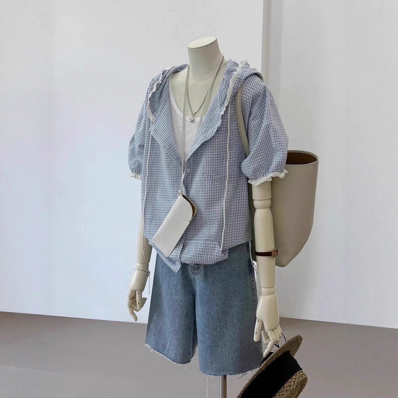 Korean Lace Splicing Plaid Short-Sleeved Shirt for Women Summer New Style Lazy and Versatile Age-Reducing Loose Slimming Top