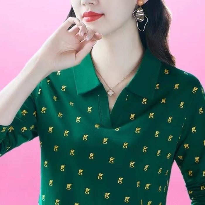 Women's long-sleeved T-shirt, spring and autumn new cross-border style, fashionable top, middle-aged mother's outfit, lapel slim fit printed polo shirt